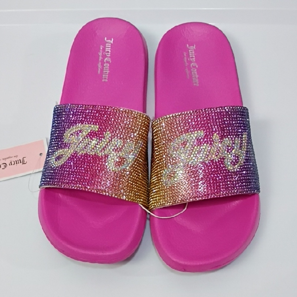 JUICY COUTURE GIRLS RHNESTONE HOT PINK JEWELED RAINBOW LOGO SLIDES SIZE 1 NWT